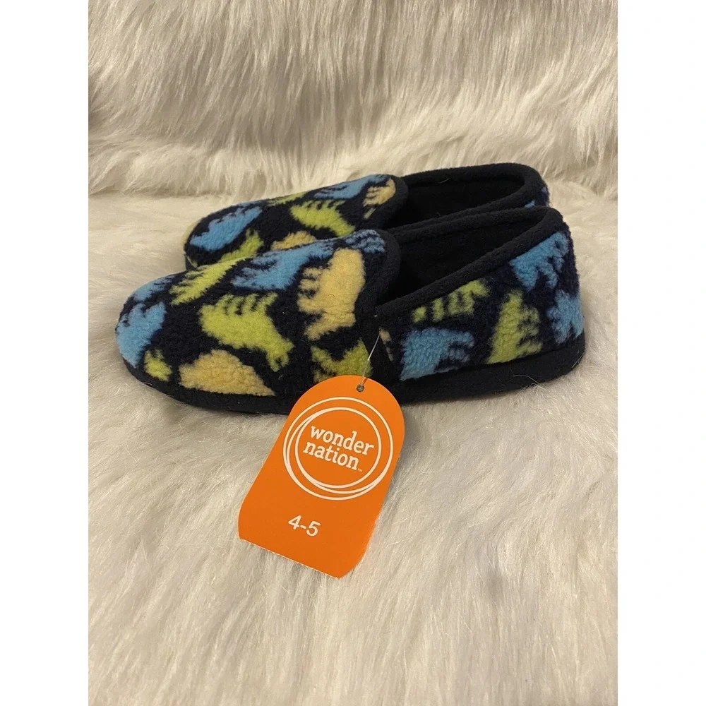 Wonder Nation Slippers Big Boys Size 4-5 Blue Forest Animals Slip‎ On Shoes